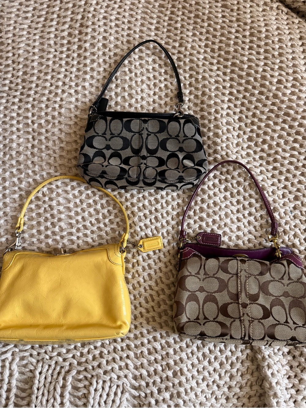 Coach Mini Bag Trio in Black, Yellow, Brown with Purple Trim